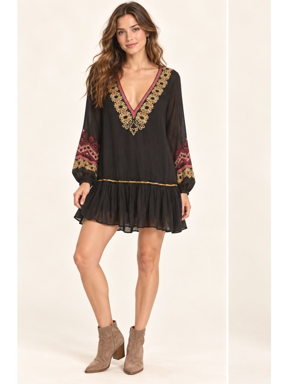 Free People Black Boho Wimsigoth Tunic Dress Artsy Gold & Magenta Embroidery XM